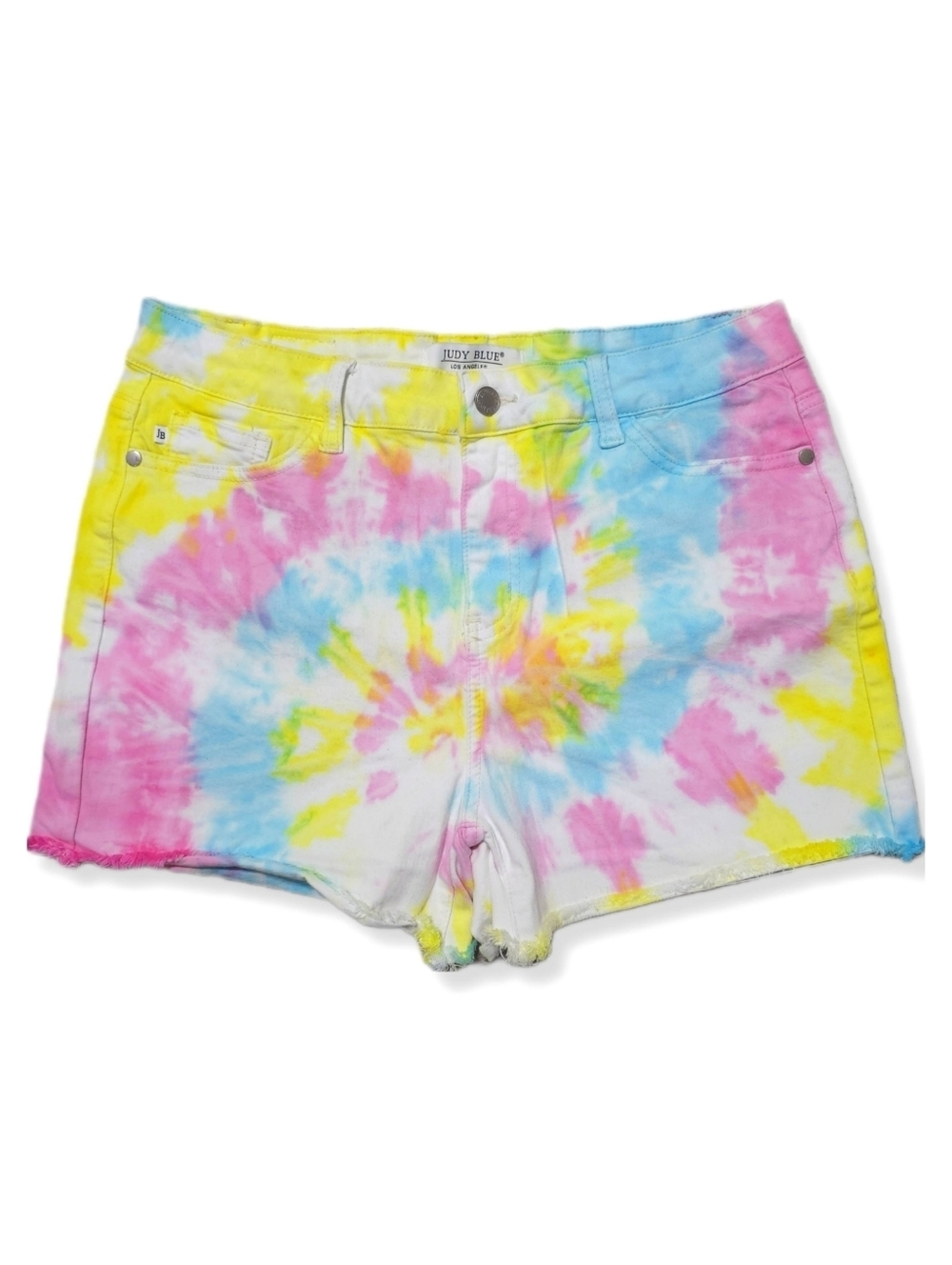 JUDY BLUE Nwot Swirl Multi Color Tie Dye Shorts, White, Frayed Hem, Stretch, XL - Picture 2 of 16